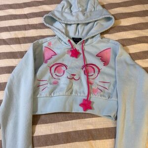 Hot Topic Sweet Society Kawaii Cat Crop Hoodie | S/M | Pastel Blue